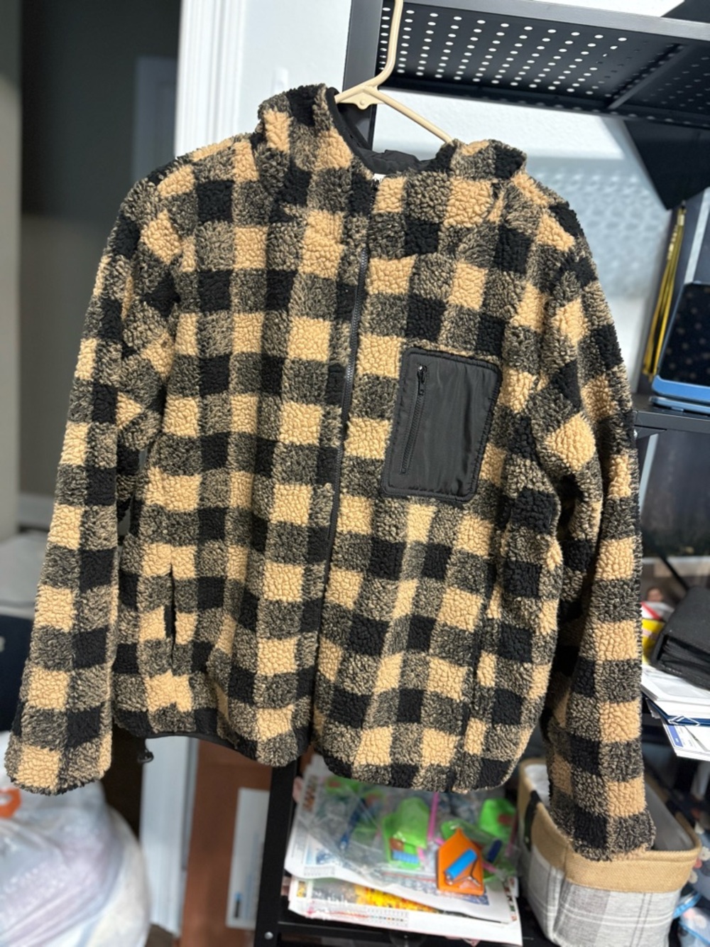 JODIFL Black and Tan Buffalo Check Sherpa Jacket with Hood